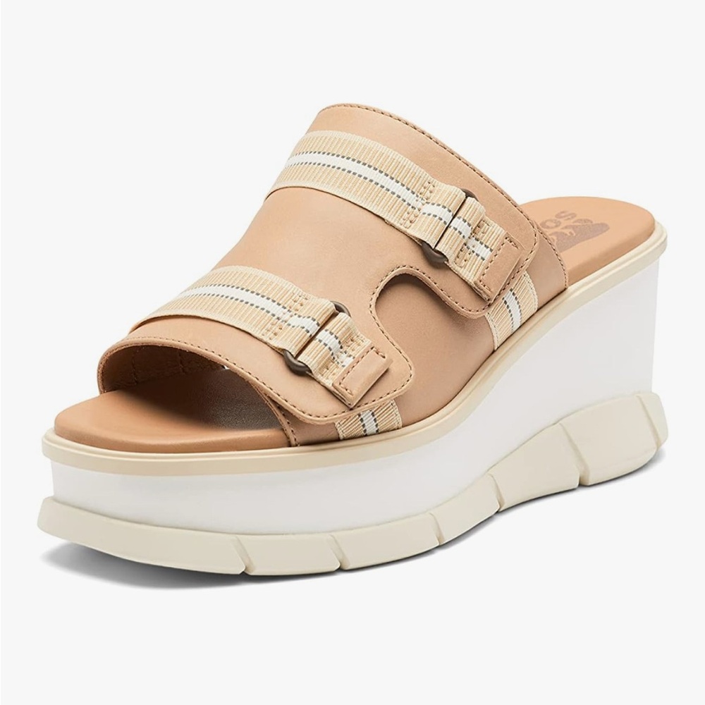 Sorel Tan and White Wedge Sandals